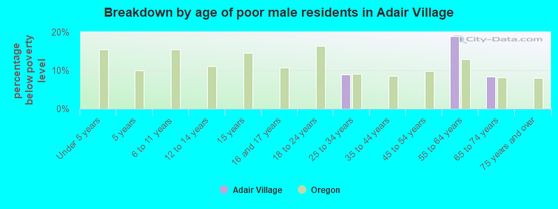 Breakdown by age of poor male residents in Adair Village