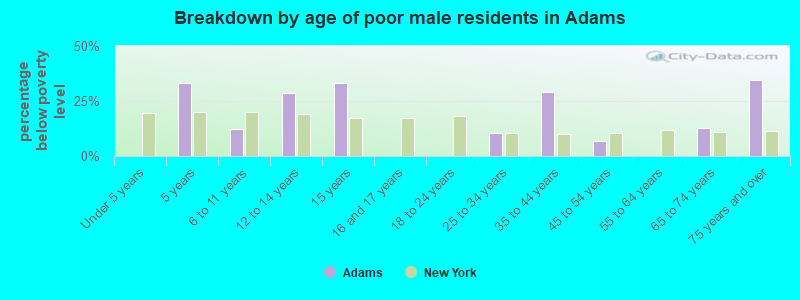 Breakdown by age of poor male residents in Adams