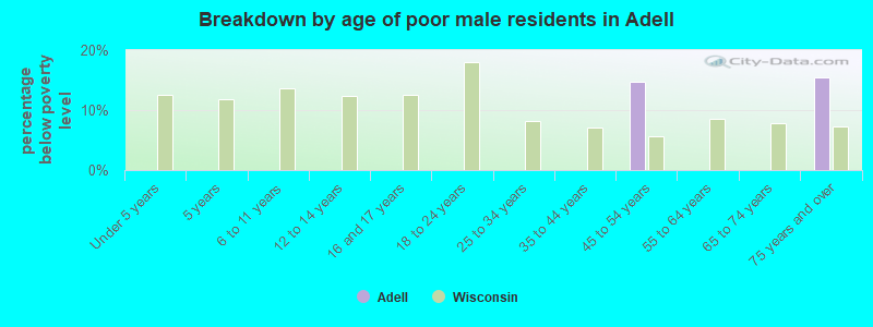Breakdown by age of poor male residents in Adell