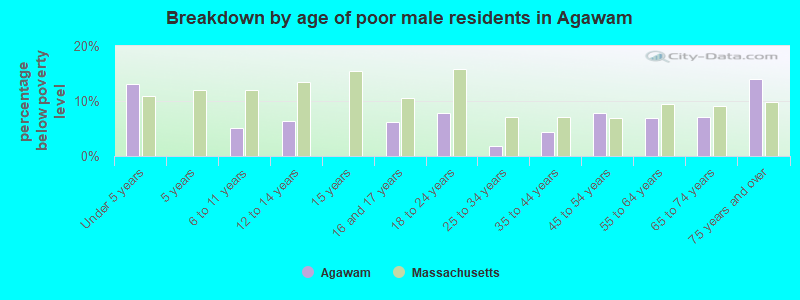 Breakdown by age of poor male residents in Agawam