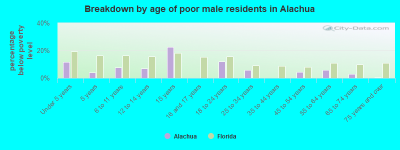 Breakdown by age of poor male residents in Alachua