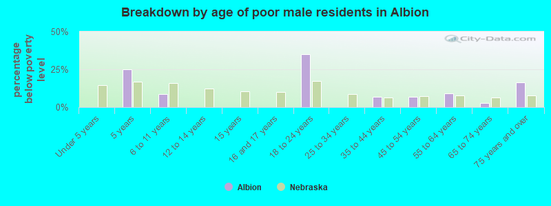 Breakdown by age of poor male residents in Albion