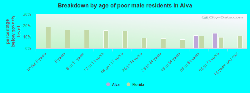 Breakdown by age of poor male residents in Alva