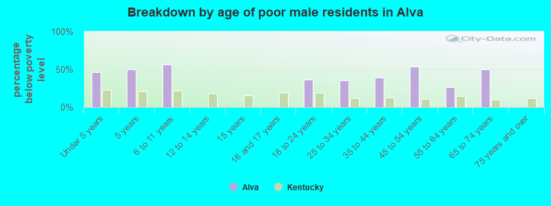 Breakdown by age of poor male residents in Alva