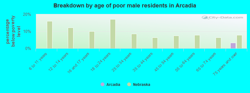 Breakdown by age of poor male residents in Arcadia