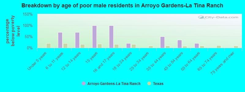 Breakdown by age of poor male residents in Arroyo Gardens-La Tina Ranch