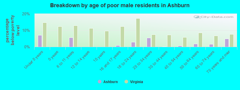 Breakdown by age of poor male residents in Ashburn