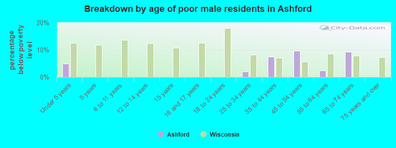 Breakdown by age of poor male residents in Ashford