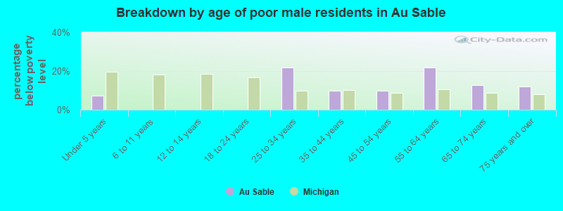 Breakdown by age of poor male residents in Au Sable