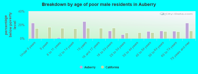Breakdown by age of poor male residents in Auberry