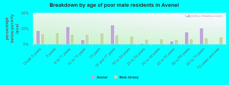 Breakdown by age of poor male residents in Avenel