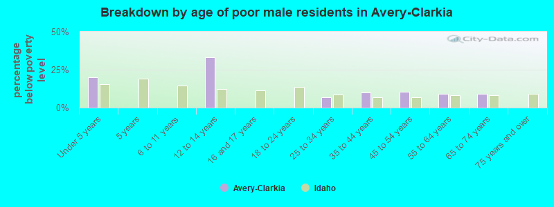 Breakdown by age of poor male residents in Avery-Clarkia