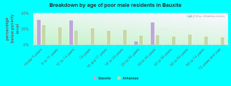 Breakdown by age of poor male residents in Bauxite