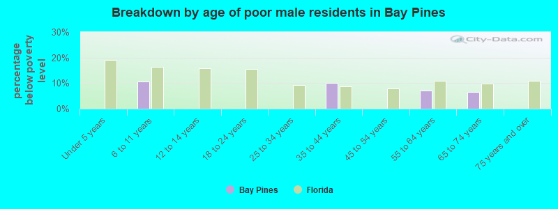 Breakdown by age of poor male residents in Bay Pines