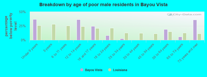 Breakdown by age of poor male residents in Bayou Vista