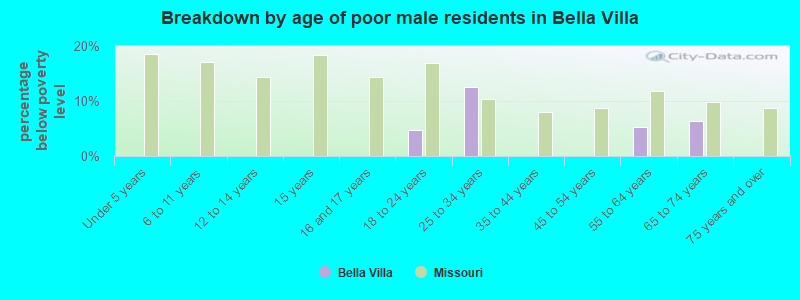 Breakdown by age of poor male residents in Bella Villa