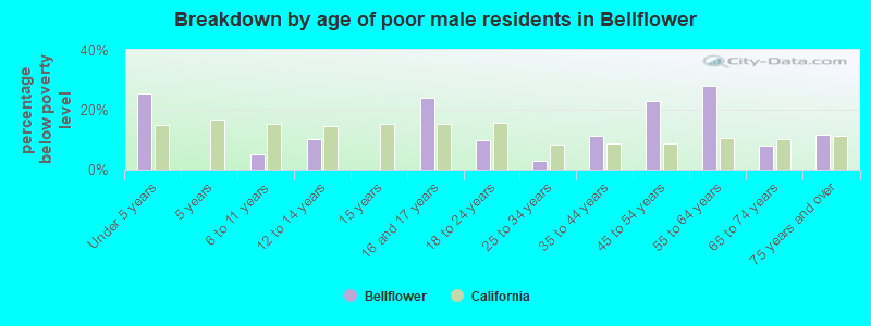 Breakdown by age of poor male residents in Bellflower