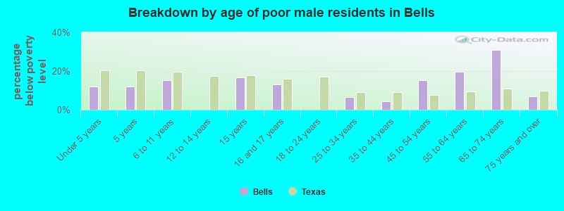 Breakdown by age of poor male residents in Bells