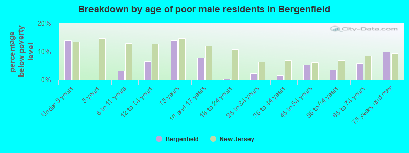 Breakdown by age of poor male residents in Bergenfield
