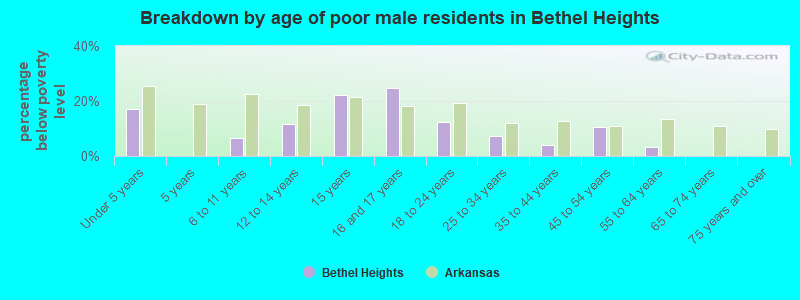 Breakdown by age of poor male residents in Bethel Heights