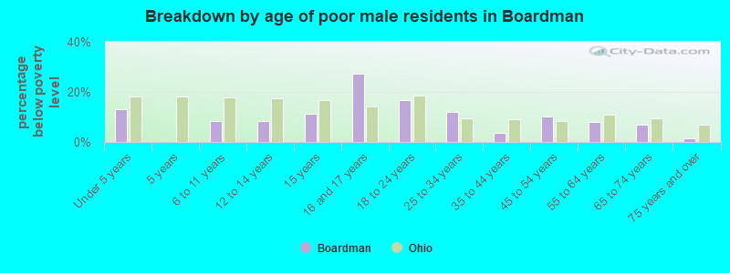 Breakdown by age of poor male residents in Boardman