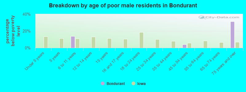 Breakdown by age of poor male residents in Bondurant