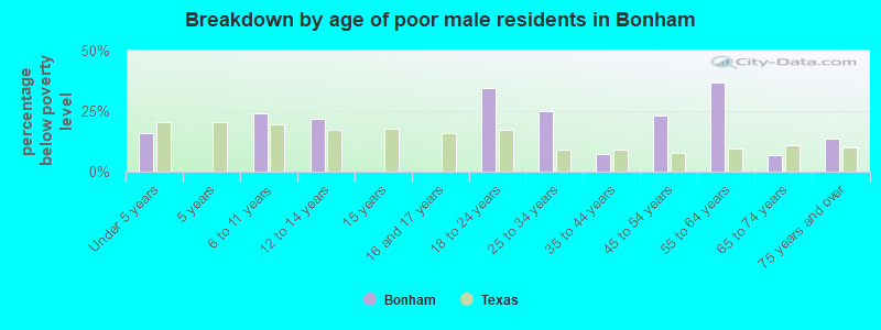 Breakdown by age of poor male residents in Bonham