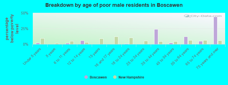 Breakdown by age of poor male residents in Boscawen