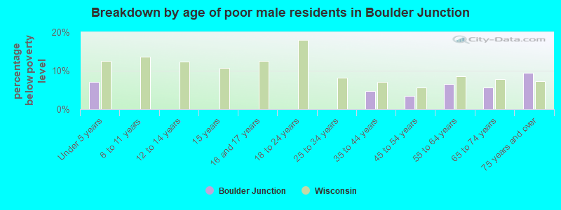 Breakdown by age of poor male residents in Boulder Junction