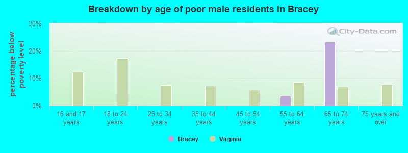 Breakdown by age of poor male residents in Bracey