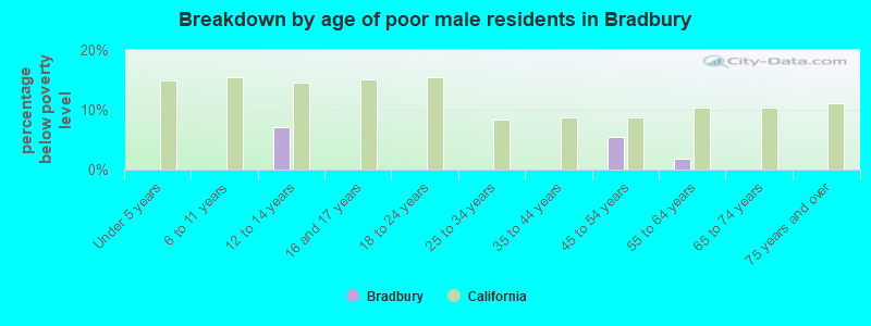 Breakdown by age of poor male residents in Bradbury