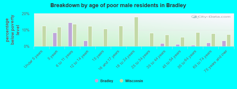 Breakdown by age of poor male residents in Bradley
