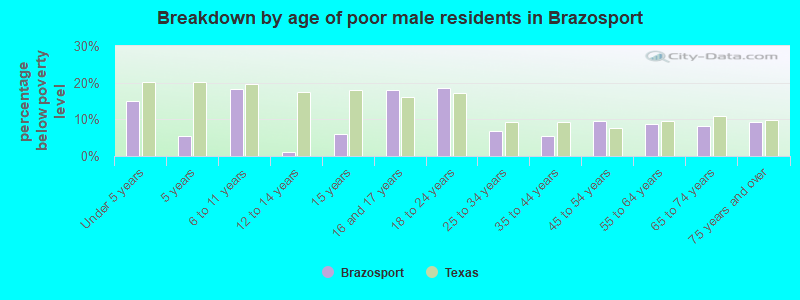 Breakdown by age of poor male residents in Brazosport