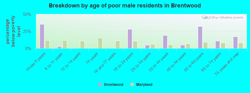 Breakdown by age of poor male residents in Brentwood