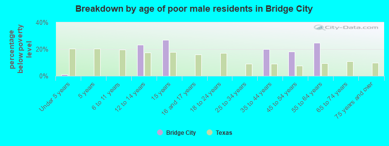Breakdown by age of poor male residents in Bridge City