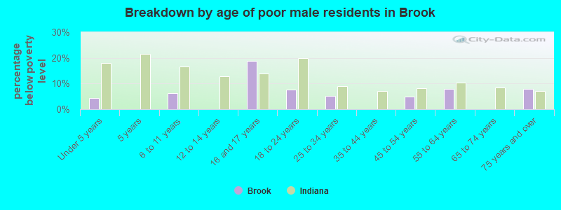 Breakdown by age of poor male residents in Brook