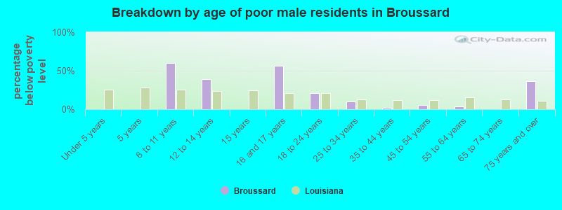Breakdown by age of poor male residents in Broussard