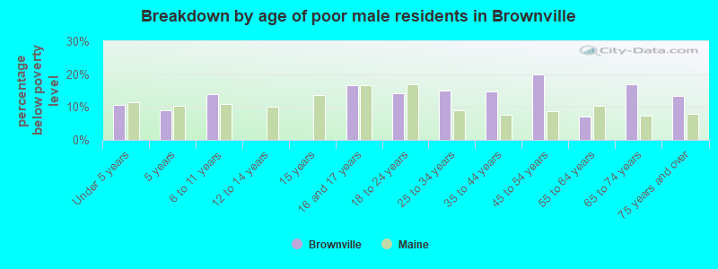 Breakdown by age of poor male residents in Brownville