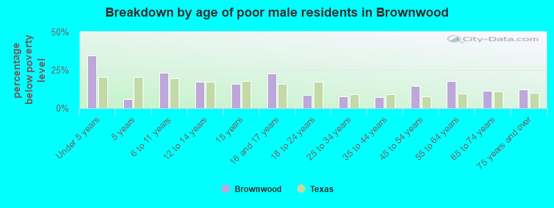 Breakdown by age of poor male residents in Brownwood