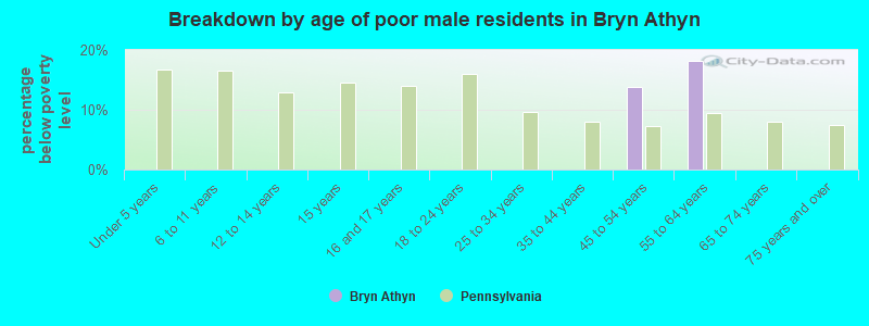 Breakdown by age of poor male residents in Bryn Athyn