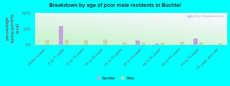 Breakdown by age of poor male residents in Buchtel