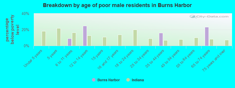 Breakdown by age of poor male residents in Burns Harbor