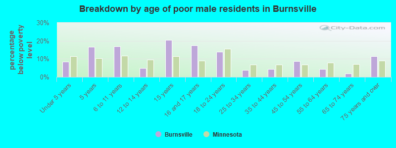 Breakdown by age of poor male residents in Burnsville