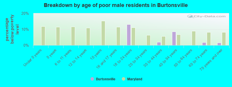 Breakdown by age of poor male residents in Burtonsville