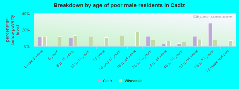 Breakdown by age of poor male residents in Cadiz