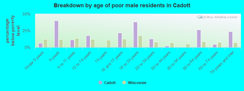 Breakdown by age of poor male residents in Cadott