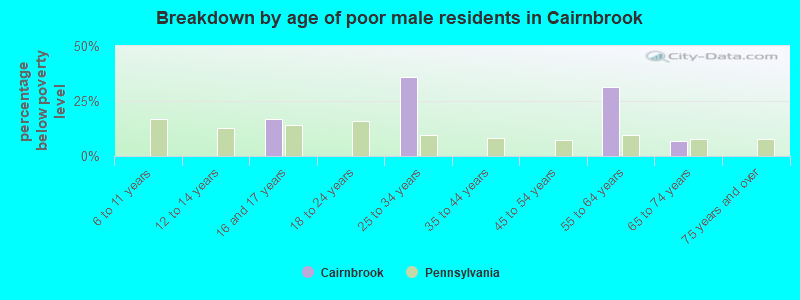 Breakdown by age of poor male residents in Cairnbrook