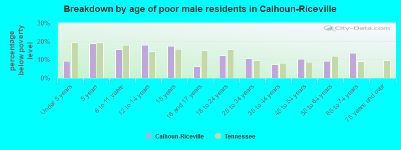 Breakdown by age of poor male residents in Calhoun-Riceville