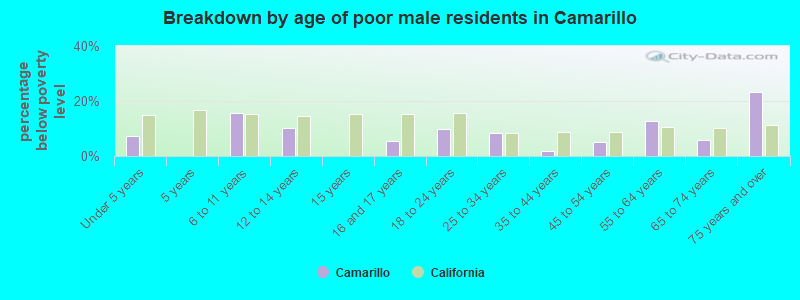 Breakdown by age of poor male residents in Camarillo