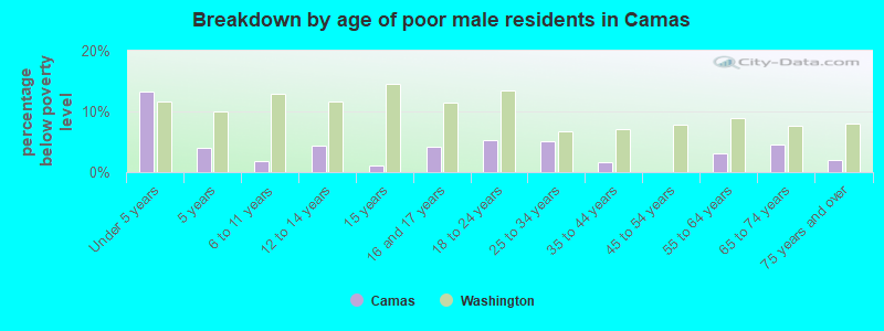 Breakdown by age of poor male residents in Camas